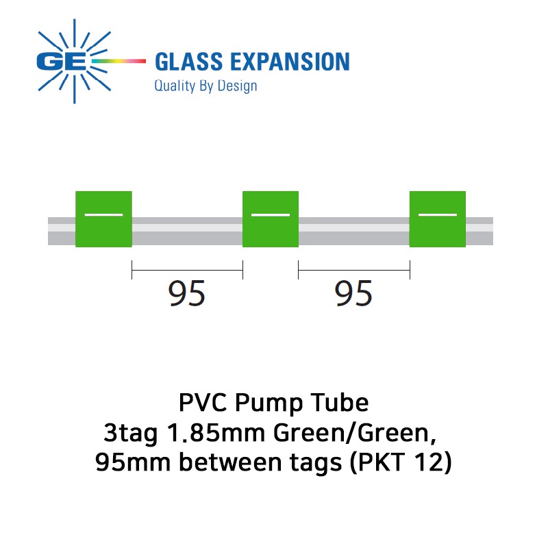 PVC Pump Tube 3tag 1.85mm ID Green/Green, 95mm between tags (PKT 12)